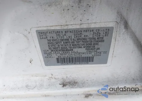 2019 Nissan Versa 1.6 Sv from USA, damaged, VIN 3N1CN7AP8KL804428
